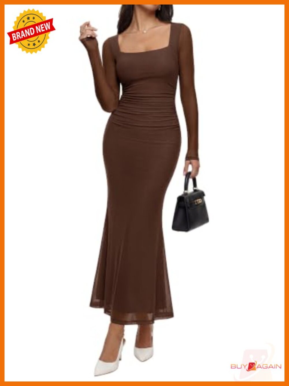 BTFBM Women's Long Sleeve Square Neck Mesh Maxi Dress Formal